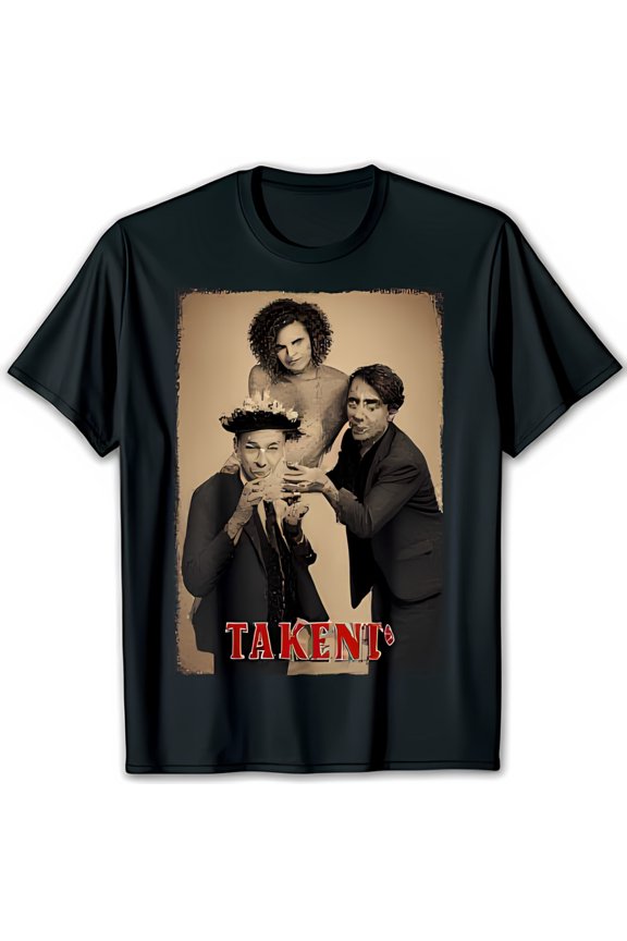 Vintage Sepia Photo Design Black T-Shirt with Bold Red Text Overlay