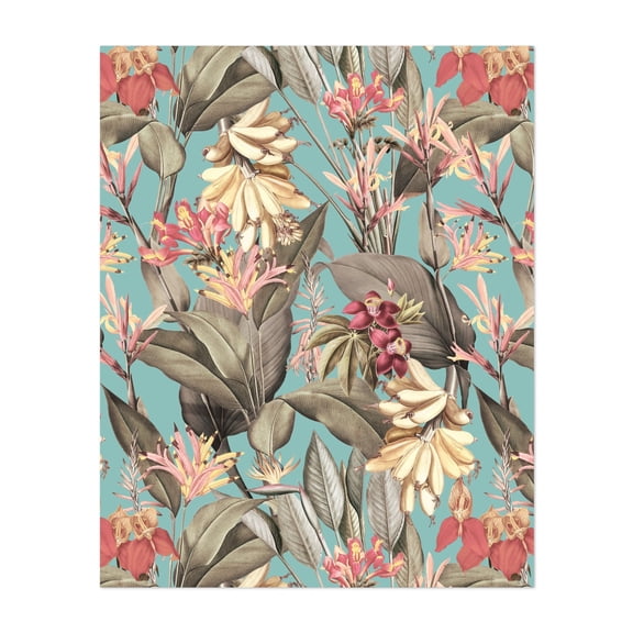 Vintage Sepia Turquoise Tropical Flower Garden - Painting Botanical Floral Tropical Pattern Fruit Garden Vintage Unframed Wall Art Print 12 x 16 inches