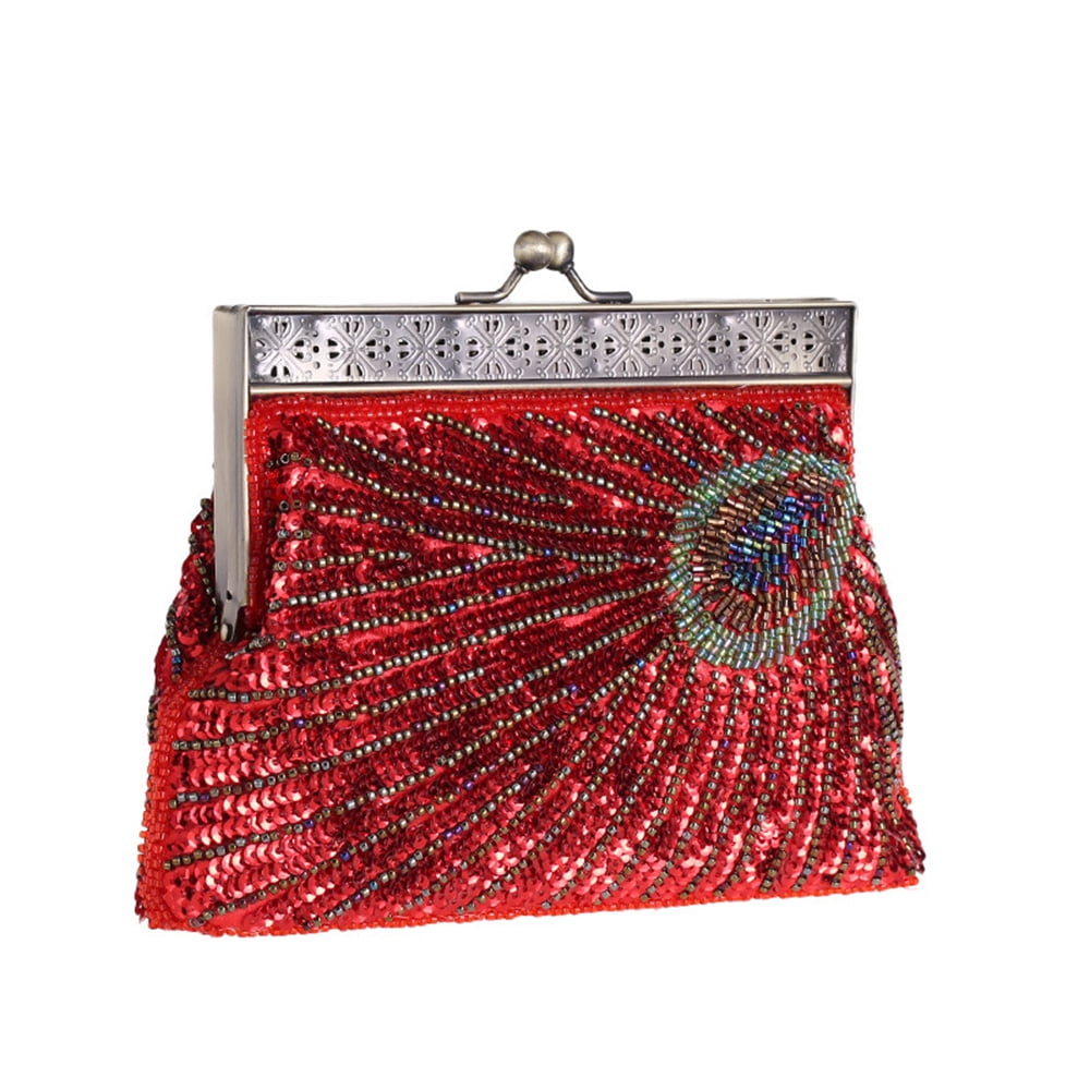 Vintage Sequin Peacock Clutch Bag, Antique Beaded Evening Handbag