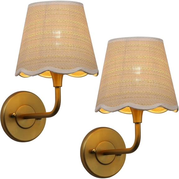 Vintage Set of 2 Wall Sconces Boho Rattan Lampshade, Hardwired Bent Arm Bathroom Vanity Lights, Indoor Wall Decor Lamp for Living Room, Bedroom, Foyer
