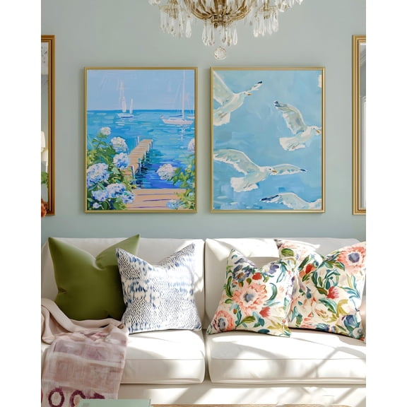 Vintage Set of 2 Coastal Seagulls Ocean Scene Yacht Harbor Blue Grandmillennial Beach House Bathroom Bedroom Poster Unframed Paper Print