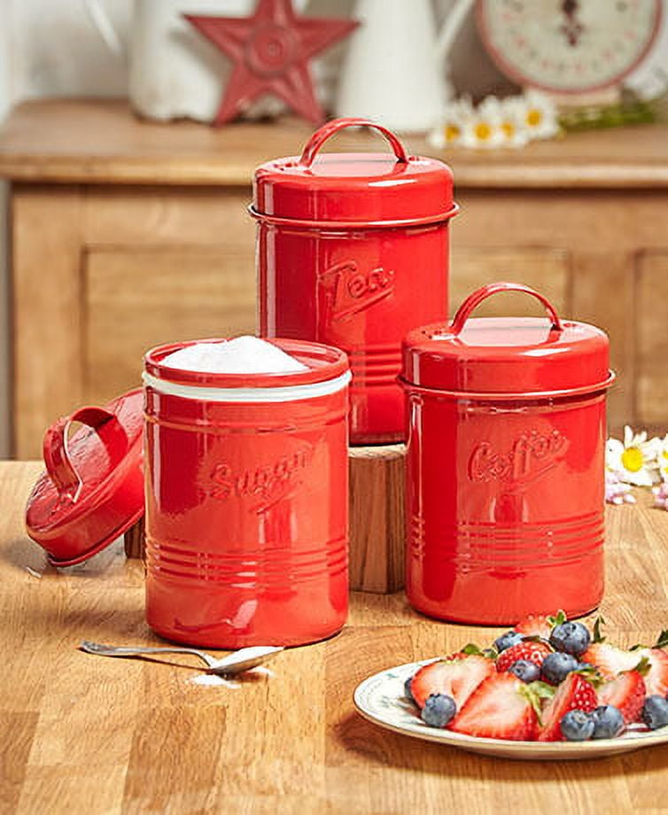 Metallic red tea coffee sugar best sale canisters