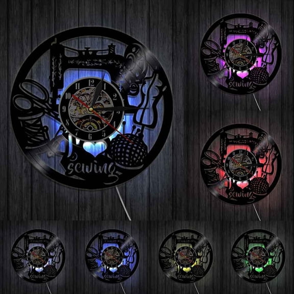 Vintage Sewing Artwork Wall Clock Sewing Machine Cross Stitch Vinyl Record Wall Clock Retro Quilting Home Decor Mama's Gift