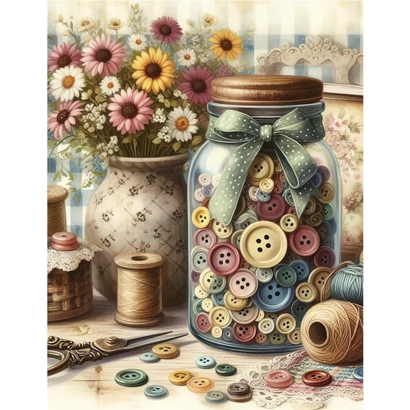Vintage Sewing Button Jar Diamond Painting Kits for Adults, 5D Full Drill Retro Flower Vase Thread Spool Diamond Art, DIY Craft Room Sewing Themed Gem Painting Crafts for Home Wall Decor Gifts