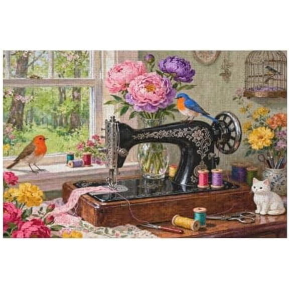 Vintage Sewing Machine 1000 Piece Jigsaw Puzzle for Adults, Spring Stitching Flower Plant Garden Scene, Challenging DIY Puzzle, Interactive Home Decoration