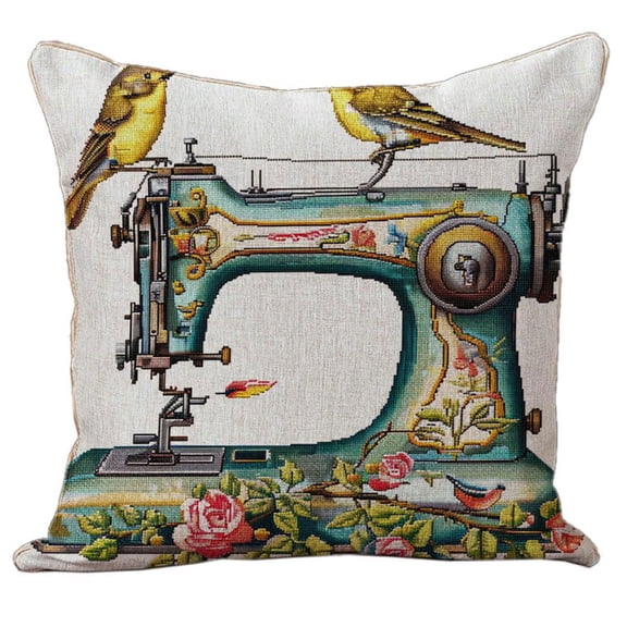 Vintage Sewing Machine and Birds DIY Stamped Cross Stitch Pillow Kits 11CT Embroidery Pillowcase Counted Needlepoint Handmade Cushion Cover for Home Sofa Christmas Decor 18x18in(1)