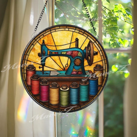 Vintage Sewing Machine Glass Suncatcher, Round Colorful Thread Spools, Quilting, 6.3 in