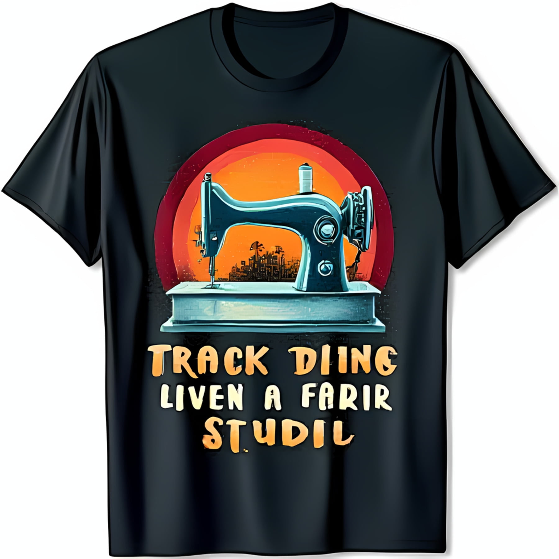 Vintage Sewing Machine Sunset Black TShirt 'TRACK DIING' & 'LIVEN A