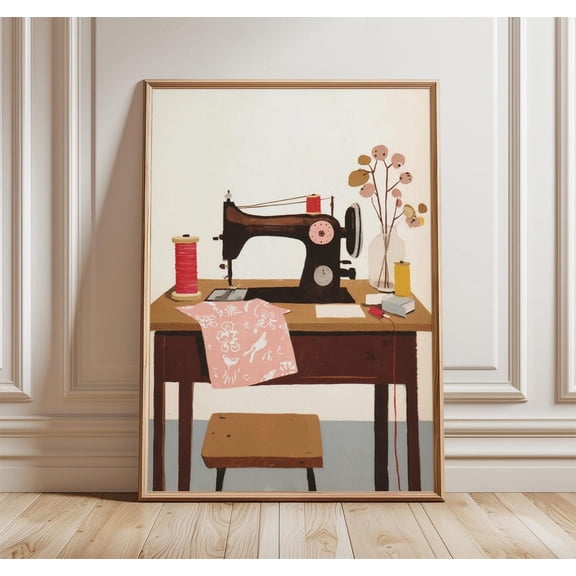 Vintage Sewing Room Wall Art Retro Spools and Scissors Craft Art, Unframed Poster