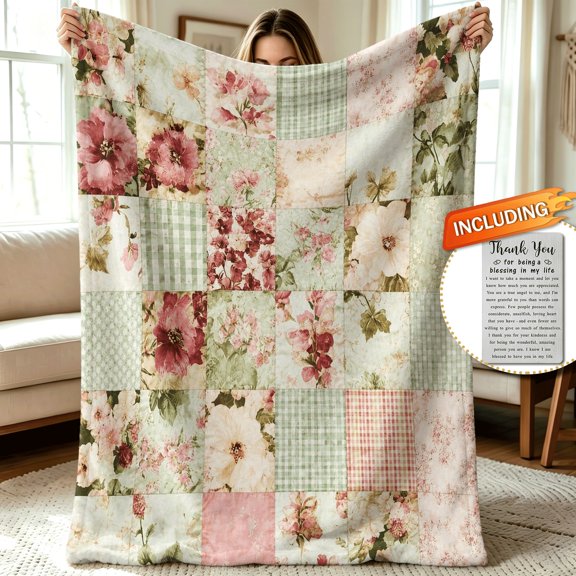 Vintage Shabby Chic Pastel Floral Patchwork blanket for women Soft Cozy Flannel Throw Blanket gift for mom mother grandma wife birthday Mother's Day Christmas Thanksgiving housewarming