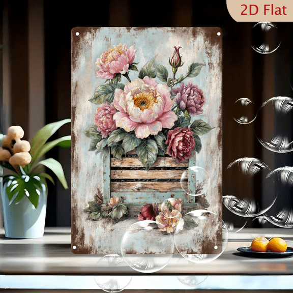 Vintage Shabby Chic Peonies in Rustic Turquoise Crate Wall Art, 8x12 Inches Metal Tin Sign, Romantic Floral Bouquet with Faded Pink Mauve Blooms, Antique Distressed Background Decor for Home Kitchen