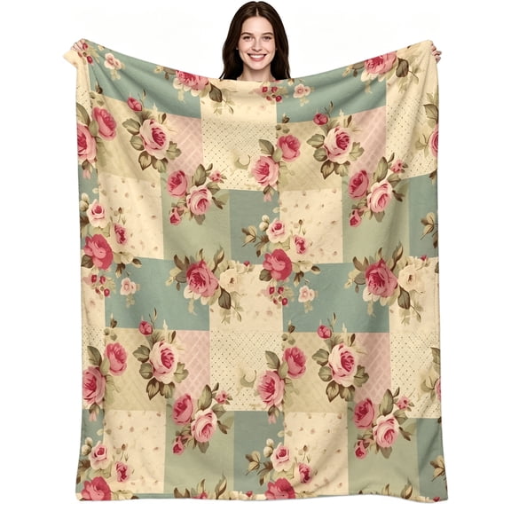 Vintage Shabby Chic Pink Rose Patchwork, Soft Warm Flannel Fleece, Vintage Rustic Farmhouse, Throw Blanket, Cozy Warm, Home Decor, Couch Sofa Bed, All Gift