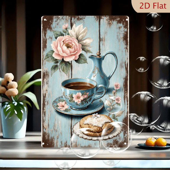 Vintage Shabby Chic Tea Time Wall Art 8x12 Inches, Rustic Blue Wooden Background with Floral Teacup and Cookie, Cozy Cottagecore Decor Print