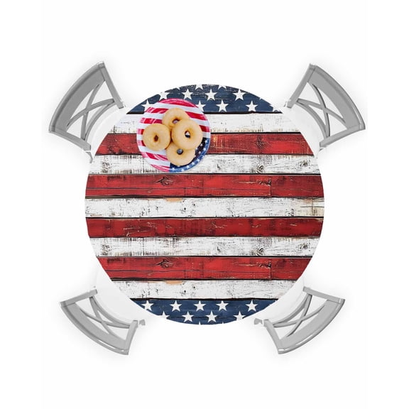 Vintage Shabby Wood Stripes Stars Fitted Round Tablecloths Elastic Edged Table Covers 36"-44",Memorial Day USA Flag Waterproof Dining Room Table Cloth for Kitchen Holiday Party Tables Decor