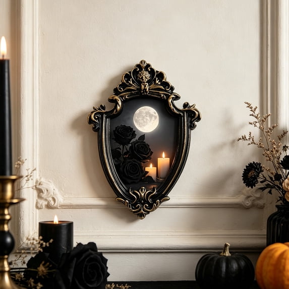 Vintage Shadow Box Picture Frame, Gothic Black Gold Embossed Deep Display Frame with Glass Front and Hanging Hardware, for Dried Flower Wall Decor and Memorabilia Shadowbox, E