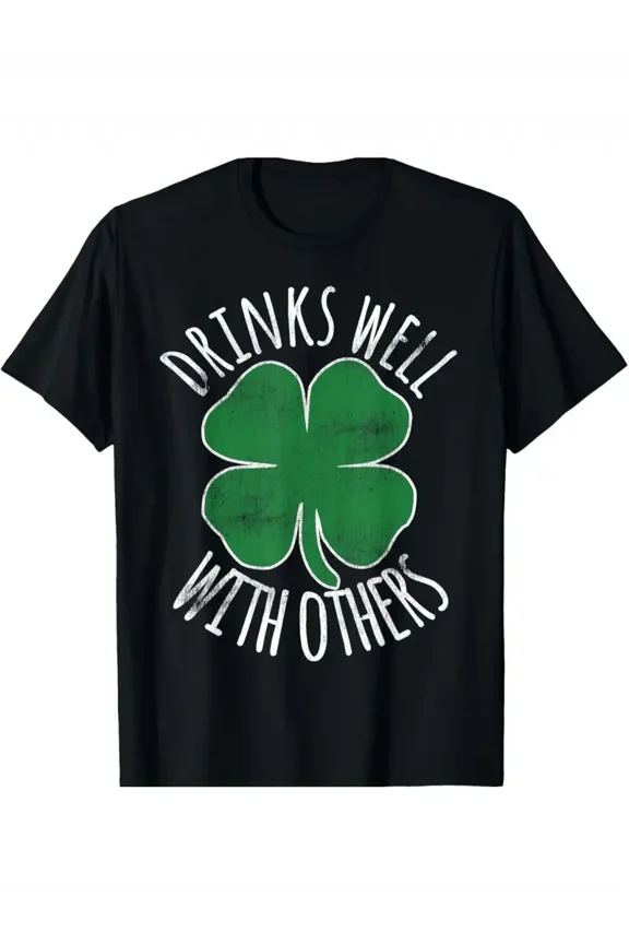 Vintage Shamrock Drinks Well with Others Graphic Men Casual Short Sleeve Tee Shirt