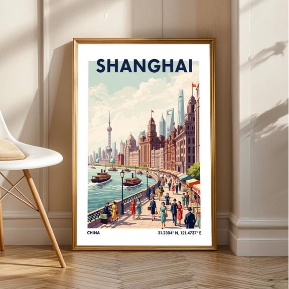 Vintage Shanghai Travel Poster: Colorful Cityscape Art Print, Unframed Canvas Size 8x12