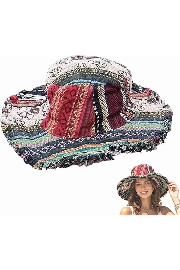 Vintage Shapeable Wide Brim Sun Bucket Hats, Frayed Patchwork Bucket Hat, Boho Multicolored Mushroom Hemp Hat for Men Women(Q)