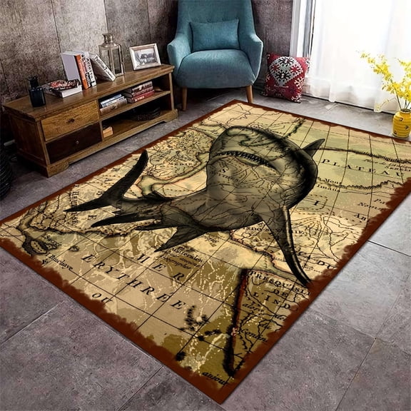 Vintage Shark Ocean Area Rug Nautical World Map Carpet Washable Non Slip Low Pile Soft Living Room Bedroom Office Entrance Mat 5x8ft