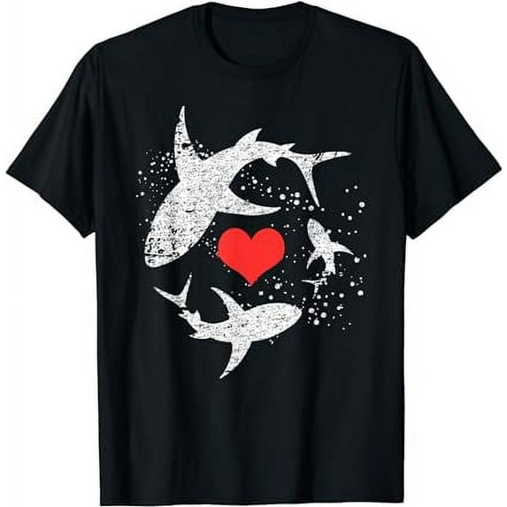 Vintage Shark Silhouette Hammerhead Shark Tiger Shark Heart T-Shirt