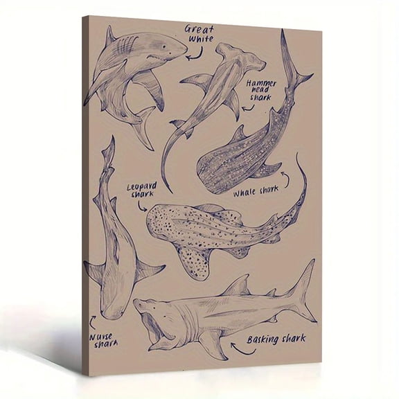Vintage Shark Species Anatomy Canvas Wall Art Ocean Decor for Kids Bedroom Boy Room Living Room Classroom Office Canvas Prints Painting Ready to Hang 8*12
