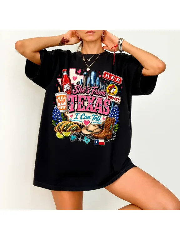 Vintage She's From Texas I Can Tell Graphic T-Shirt, Retro Western Game Day Full Color Print Tee, Casual Short Sleeve Crew Neck Top for Women