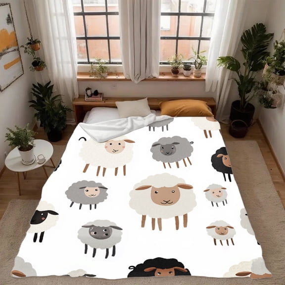 Vintage Sheep Farm Fleece Blanket - Soft Cozy Bedspread for Bed Sofa Chair, Beige Gray White, Warm Pet-Friendly Retro Bedding