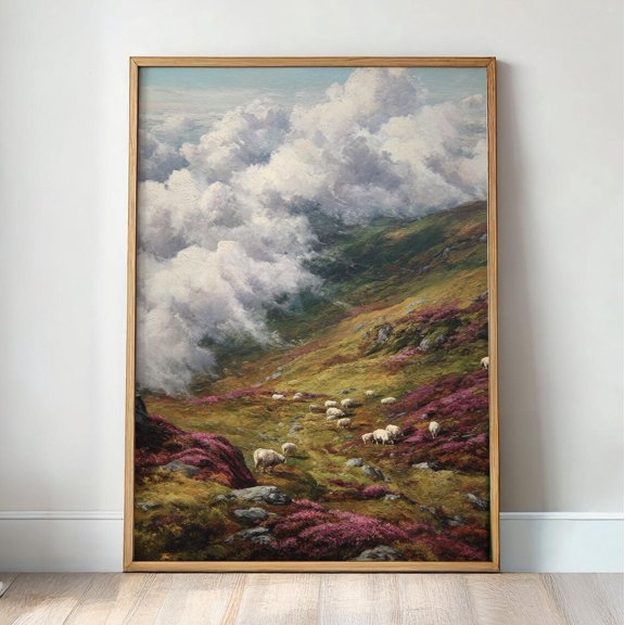 Vintage Sheep In Highlands Landscape Cloudy Moody Celtic Views Welsh Scottish Irish Poster Unframed Paper Print