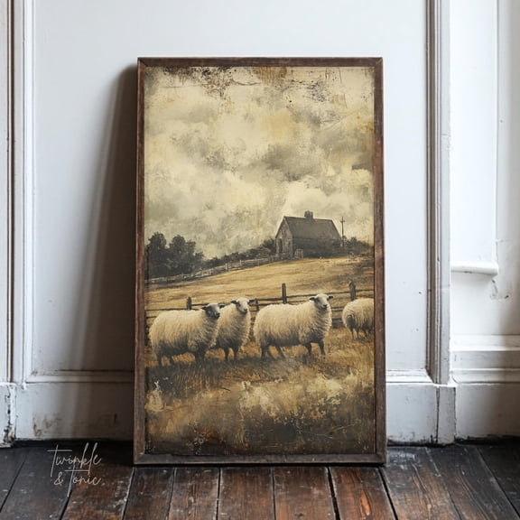 Vintage Sheep Pastoral Art Print Rustic Nursery Dark Academia Poster Cottagecore Countryside Scene Poster Wall Art for Decor Present