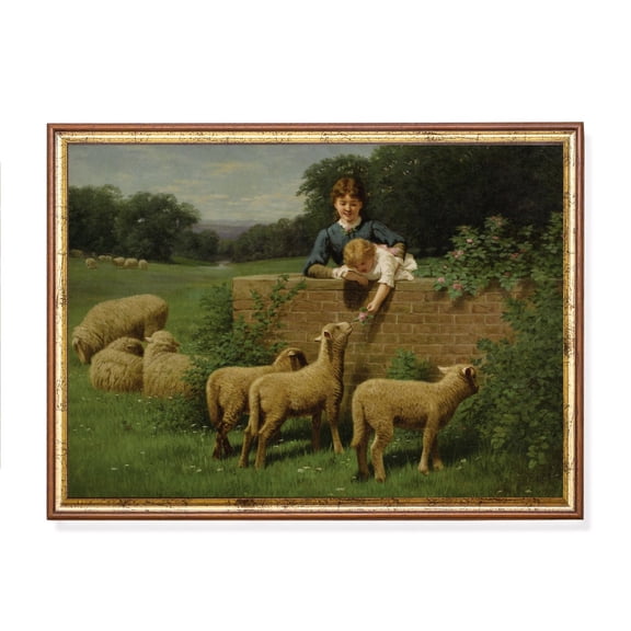 Vintage Sheep Poster Child Feeding Lambs, Farmhouse Decor Unframed Paper Print
