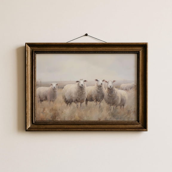 Vintage Sheep Vintage Landscape Print Cottagecore Home Decor Rustic Farmhouse Wall Art Farm Nursery Decor Neutral Wall Art Home Decor #207, Stretched Canvas Size 8x12