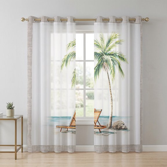 Vintage Sheer Curtains 63 Inch Long 2 Panels, Seaside Vacation Palm Trees Recliner Retro Linen Light Filtering Semi Sheer Drapes Grommet Voile Window Curtain for Living Bedroom W42 x L63