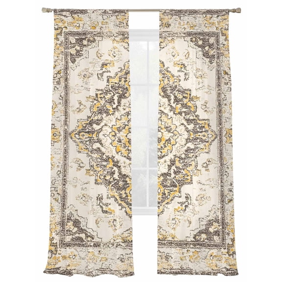 Vintage Sheer Curtains for Living Room Bedroom, Light-filtering Sheer Curtain, Abstract Brown Bohemian Farmhouse Tribal Rod Pocket Voile Window Treatment Drapes, 52’’Wx108’’L, 2 Panels Set