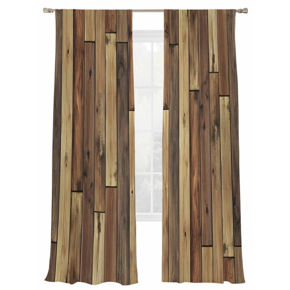 Vintage Sheer Curtains for Living Room Bedroom, Light-filtering Sheer Curtain, Brown Stitching Wood Grain Farmhouse Rod Pocket Voile Window Treatment Drapes, 52’’Wx108’’L, 2 Panels Set