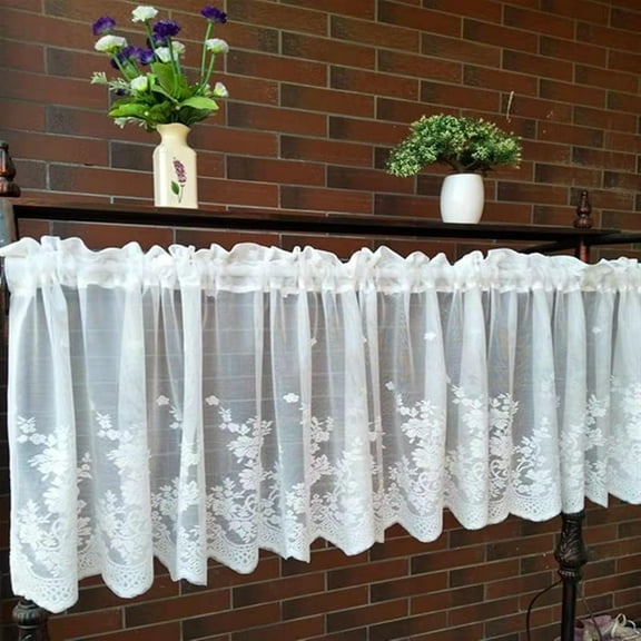 Vintage Sheer Kitchen Cafe Window Curtains Valance Lace Floral Embroidered Curtain Topper for Small Windows Decor (White, 40 * 16inch)