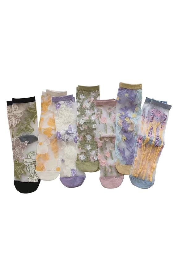 Vintage Sheer Socks,Summer Transparent Flower Ankle Socks,Thin Mesh Lace Elastic Jacquard Glass Silk Socks
