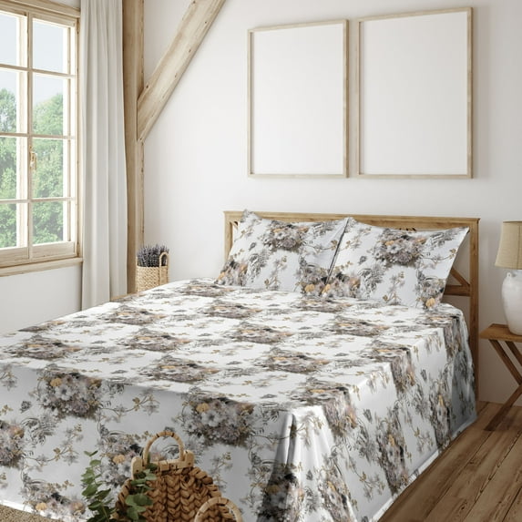 Ambesonne Vintage Fitted & Flat Sheet with Shams 4 Pcs Set, Autumn Flower Bouquets Art, Queen, Cocoa Grey Pale Brown