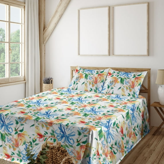 Vintage Sheet Set, Colorful Simplified Flowers and Leaves Watercolor Art on Plain Back, Fitted & Flat Sheet with Pillowcase Bedding Accent 4 Pcs Set, Queen, Deep Sky Blue Dark Green, by Ambesonne