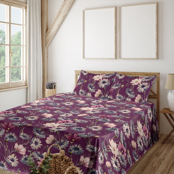 Ambesonne Vintage Fitted & Flat Sheet with Shams 4 Pcs Set, Watercolor Cornflowers Art, Queen, Pale Salmon and Dark Purple