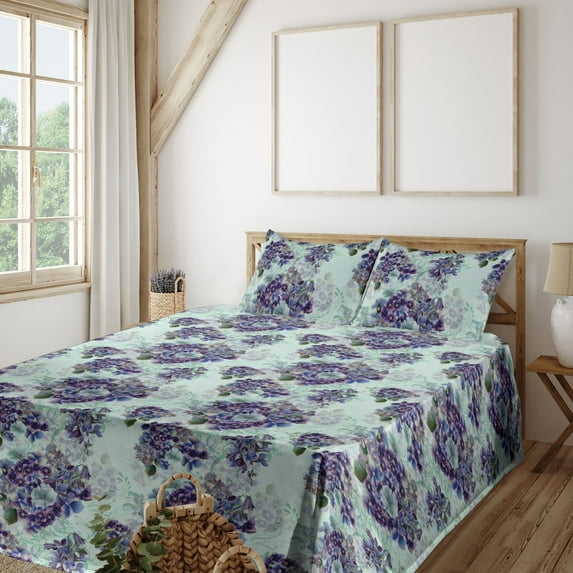 Vintage Sheet Set, Detailed Colorful Flowers Leaves Pattern Floral Theme Illustration, Fitted & Flat Sheet with Pillowcase Bedding Accent 4 Pcs Set, Calking, Pale Purple and Sage Green, by Ambesonne