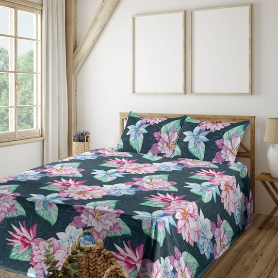 Ambesonne Vintage Fitted & Flat Sheet with Shams 4 Pcs Set, Botanical Hand-Drawn Flower, Full, Pink Sea Green and Grey