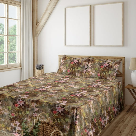 Ambesonne Vintage Fitted & Flat Sheet with Shams 4 Pcs Set, Grunge Floral Ornament Rose, King, Caramel Coral and Mustard