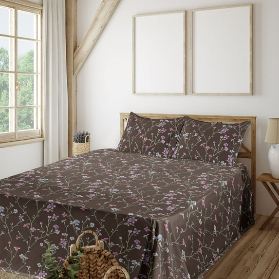 Ambesonne Vintage Fitted & Flat Sheet with Sham 3 Pcs Set, Wild Field Flowers Pattern, Twin XL, Mauve Taupe and Dark Brown