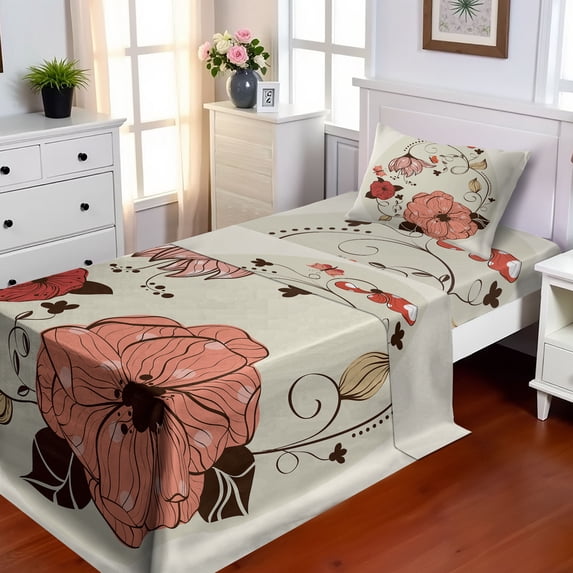 Ambesonne Vintage Fitted & Top Sheet Set with Sham, Flowers Ornate Egg Shape, Dust Multicolor