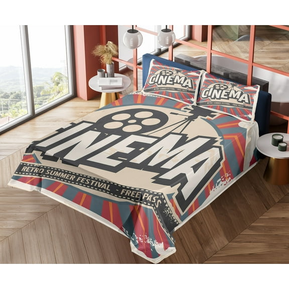 Ambesonne Retro Fitted & Top Sheet Set with Shams, Vintage Cinema Movie Star, Paprika Ecru and Grey