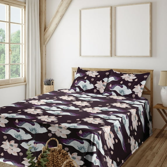 Ambesonne Vintage Fitted & Flat Sheet with Shams 4 Pcs Set, Floral Wild Boho Flowers, Queen, Dark Maroon and Pale Salmon