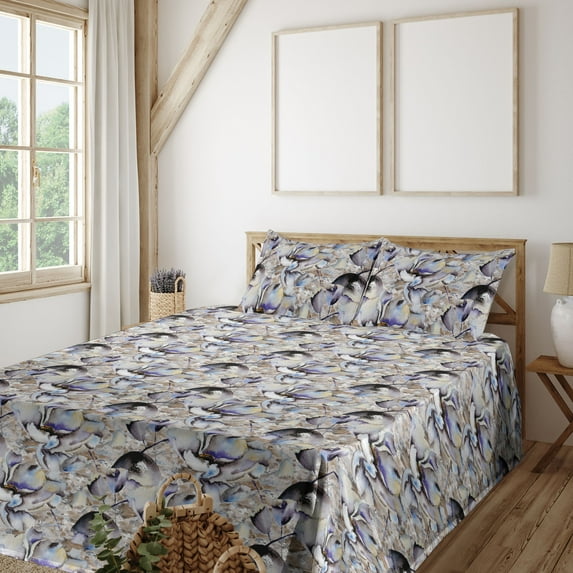 Ambesonne Vintage Fitted & Flat Sheet with Shams 4 Pcs Set, Brush Strokes Retro Flowers, Queen, Ceil Blue and Pale Brown