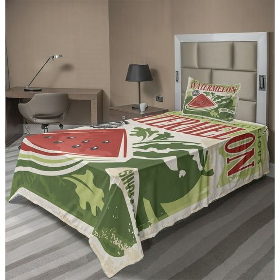 Ambesonne Vintage Fitted & Top Sheet Set with Sham, Old Faded Funny Graphic, Green Red Ecru