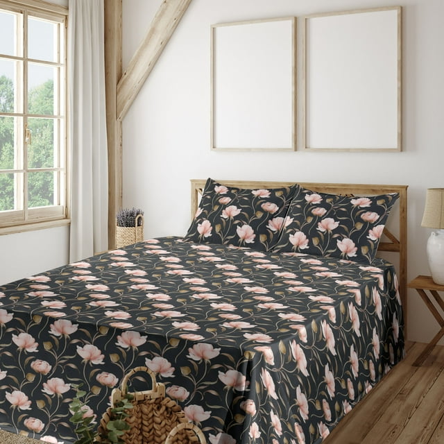 Vintage Sheet Set, Simple Branches of Rose Romantic and Pastel Floral Orderly Repeated, Fitted & Flat Sheet with Pillowcase Bedding Accent 4 Pcs Set, Queen, Dark Grey Blush and Umber, by Ambesonne