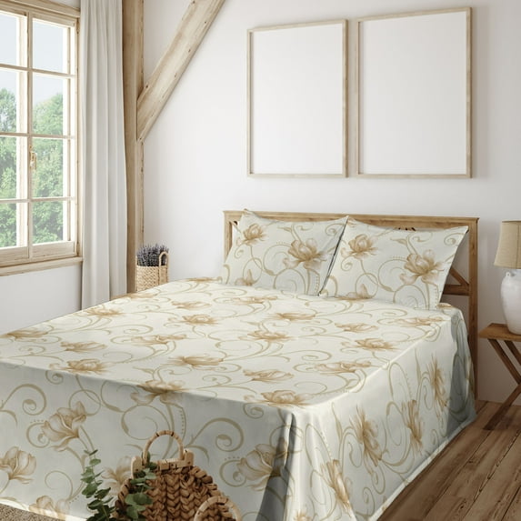 Ambesonne Vintage Fitted & Flat Sheet with Shams 4 Pcs Set, Simple Modern Garden Floral, Queen, Pale Khaki Pastel Brown